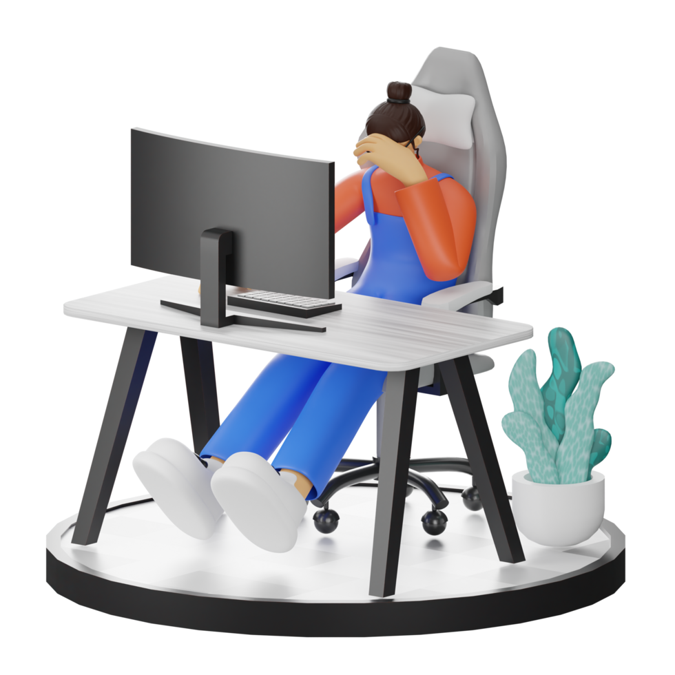 A Teenage Girl's Journey in 3D Illustration at the Computer Desk png