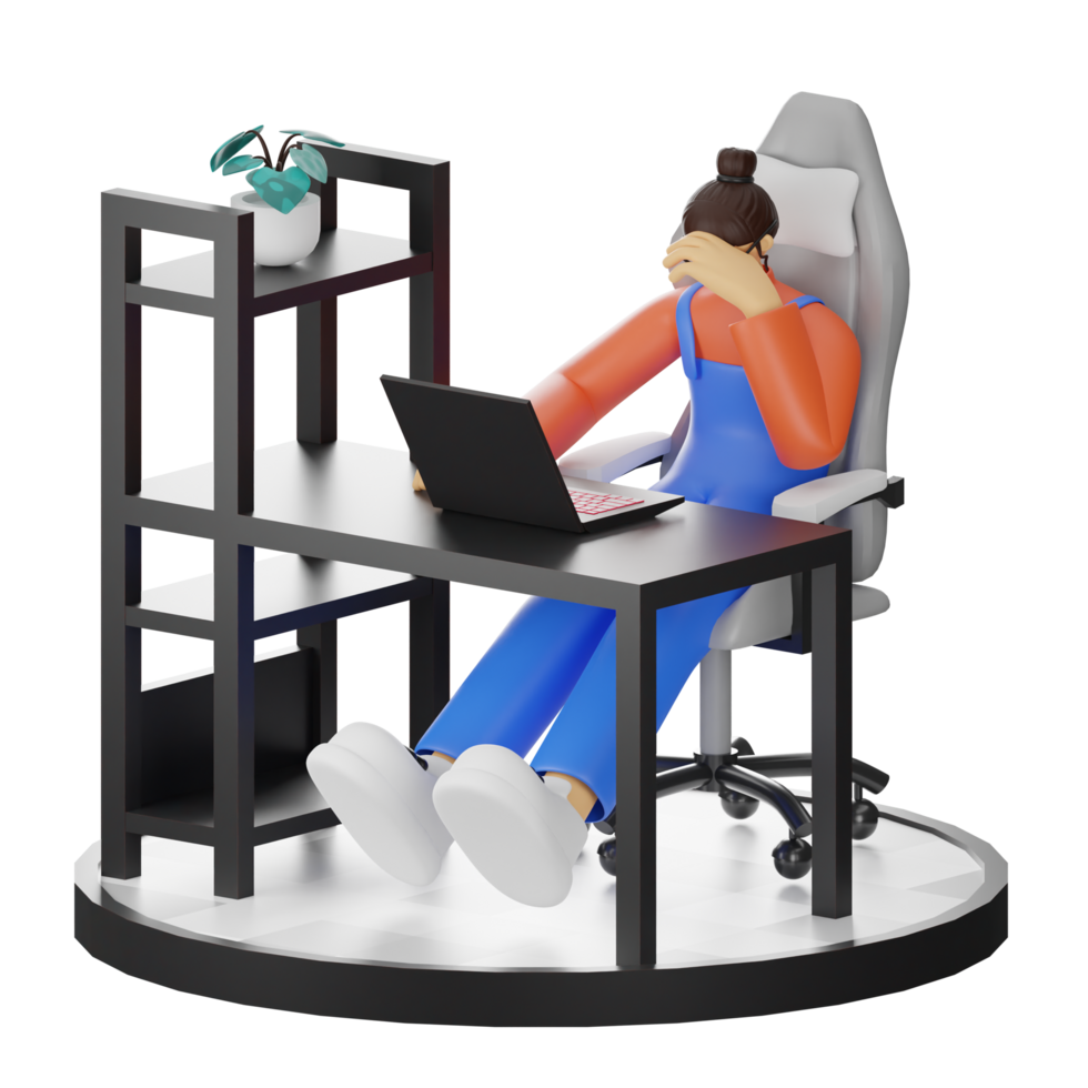 A Teenage Girl's Journey in 3D Illustration at the Computer Desk png