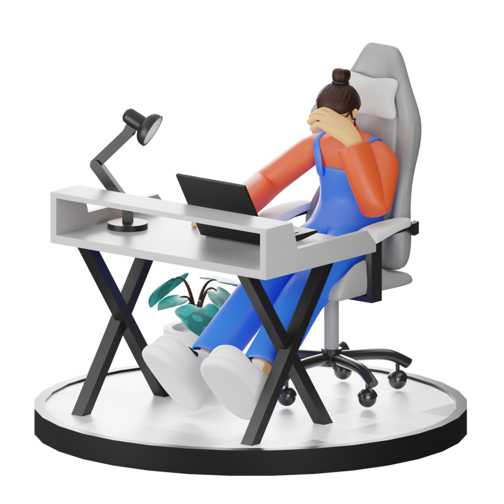 A Teenage Girl's Journey in 3D Illustration at the Computer Desk png