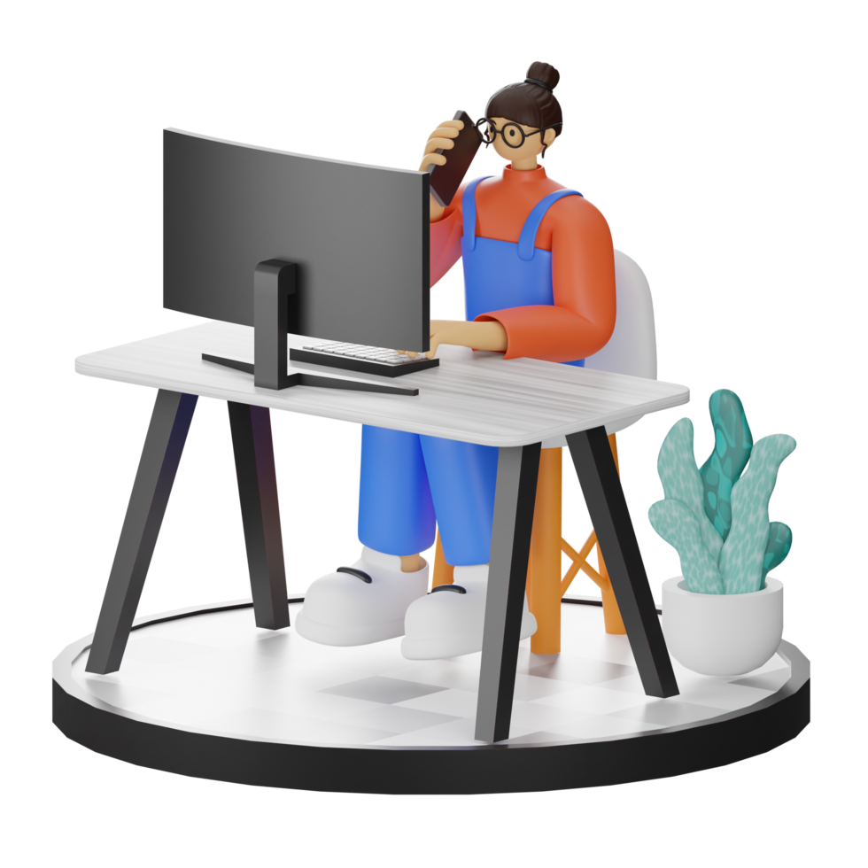 une adolescent les filles périple dans 3d illustration à le ordinateur bureau png