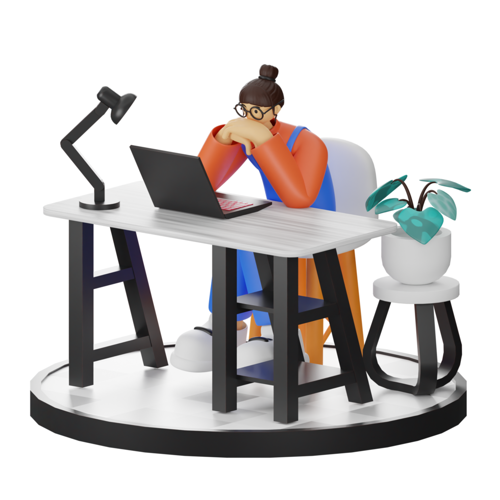 A Teenage Girl's Journey in 3D Illustration at the Computer Desk png