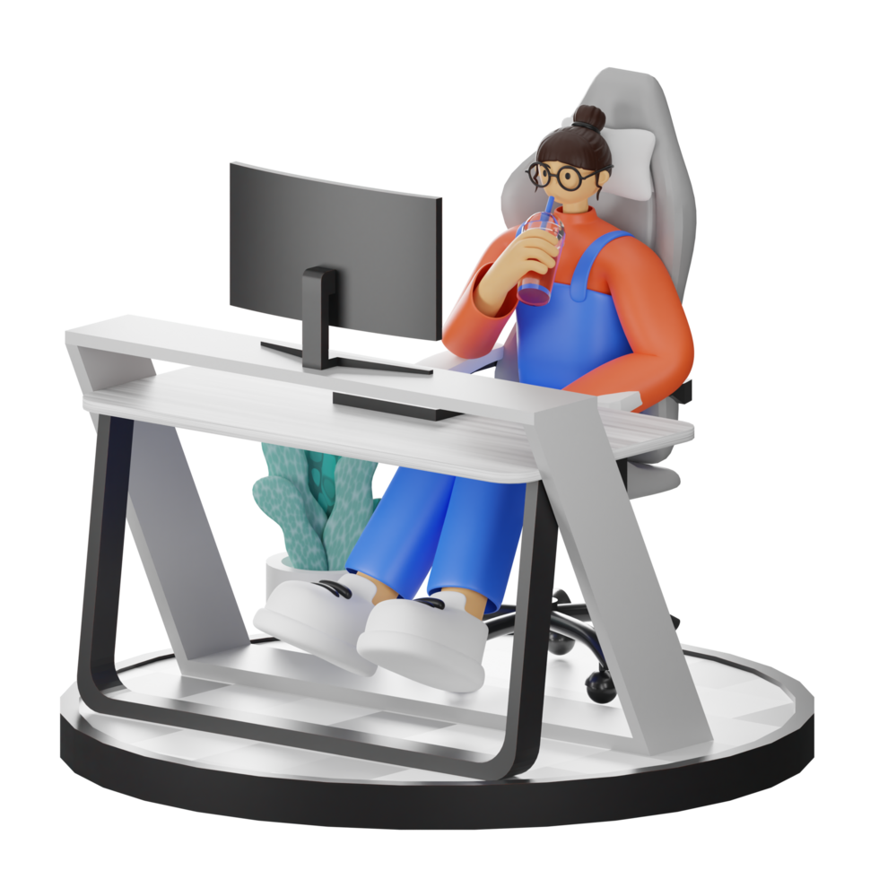 A Teenage Girl's Journey in 3D Illustration at the Computer Desk png