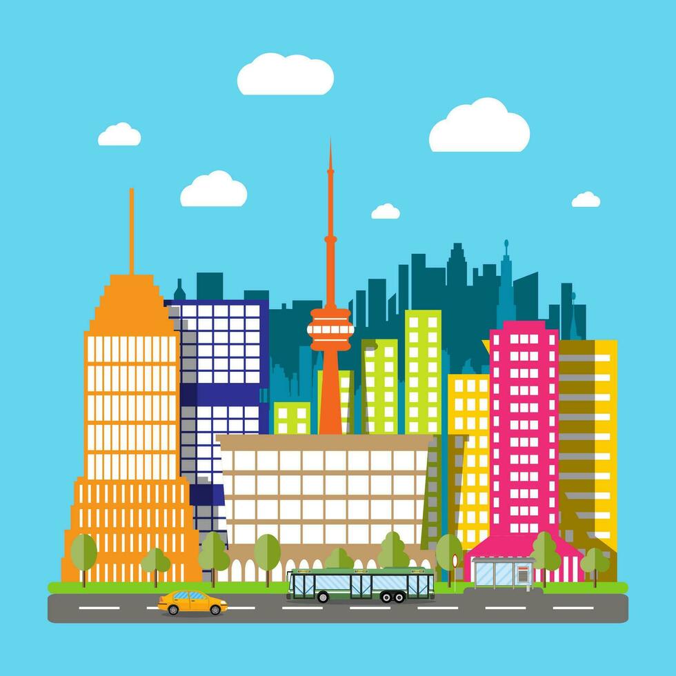 Modern City View. Cityscape with office and residental buildings, television tower, trees, road with bus and car, blue background with clouds. vector illustration in flat style