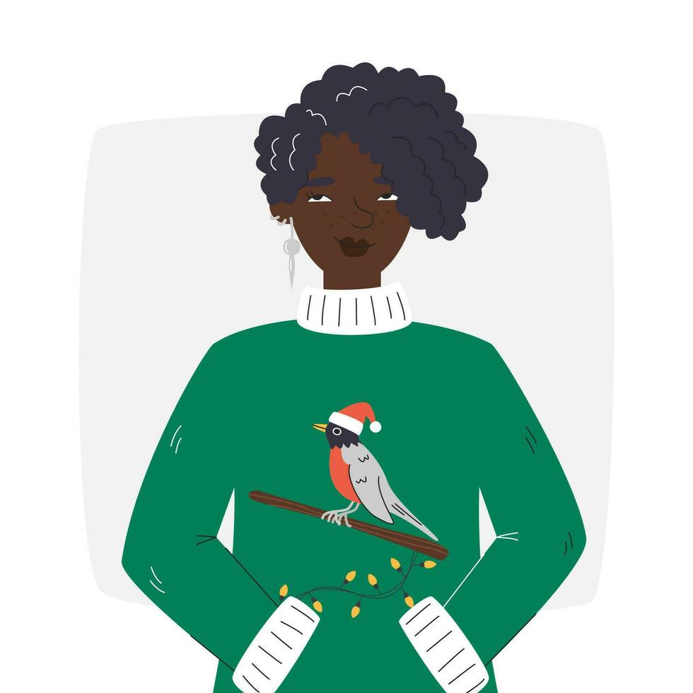 bonito feo suéter con Robin pájaro. pensativo hembra Navidad personaje diseño. frio africano americano niña retrato. personaje con afro Corte de pelo mano dibujado plano vector ilustración aislado en blanco