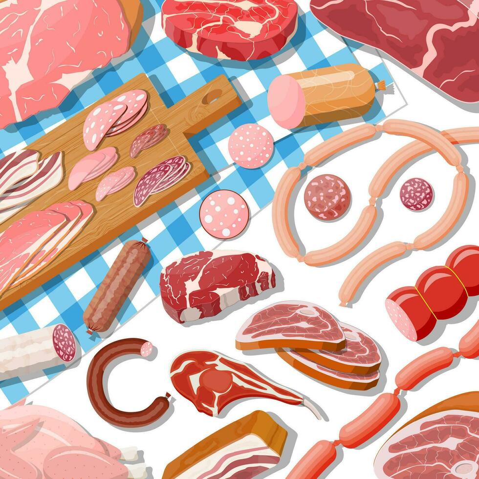 Collection of meat. Chop, sausages, bacon, ham. Marbled meat and beef. Butcher shop, steakhouse, farm organic products. Grocery food products. Pork fresh steak. Vector illustration in flat style