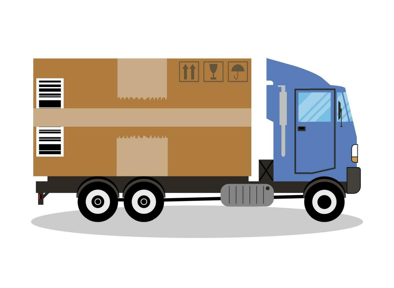 Blue delivery truck transporting big brown cardboard package. vector illustration in flat design isolated on white background. delivery concept