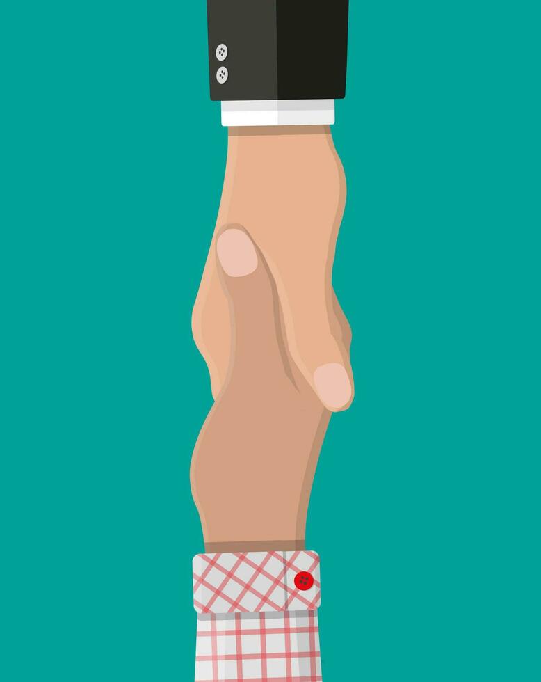 Handshake between two people. Shaking hands. Concept of success deal, partnership, agreement. Greeting shake, casual handshaking. Vector illustration in flat style