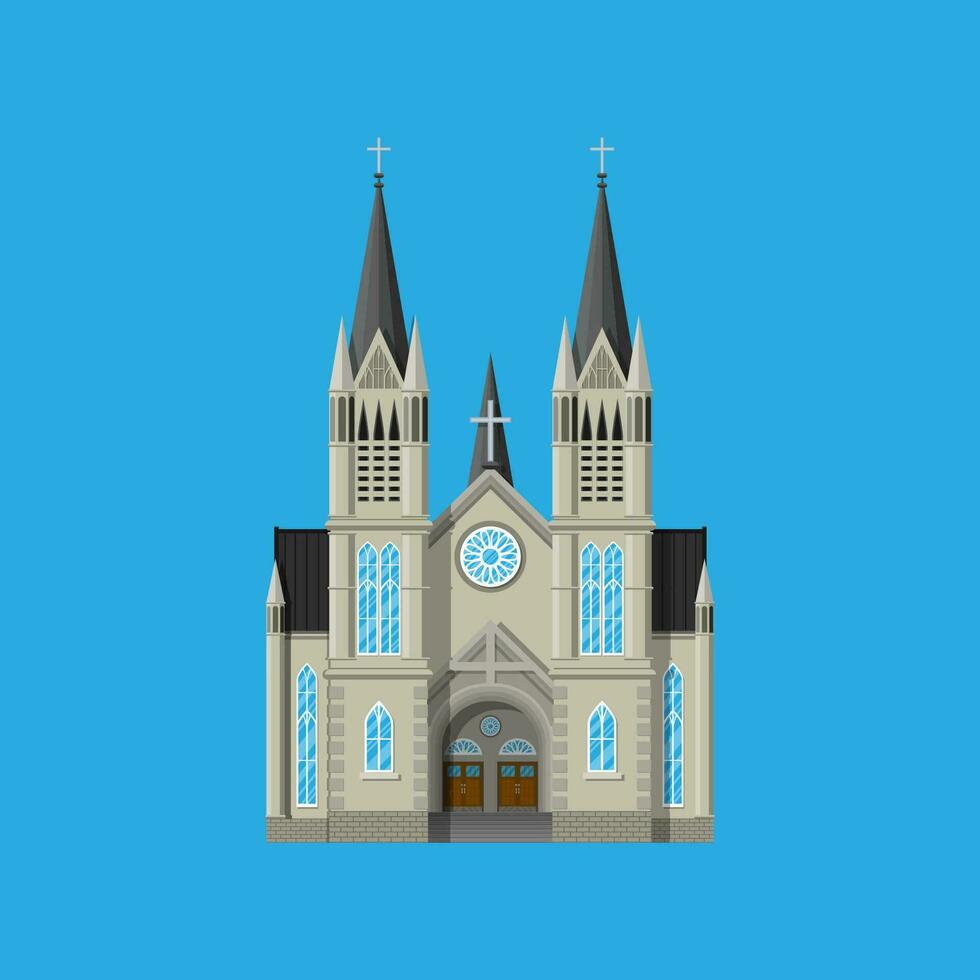 Exterior of catholic or protestant church cathedral in gothic style. Urban chapel. Tower with cross. Vector illustration in flat style