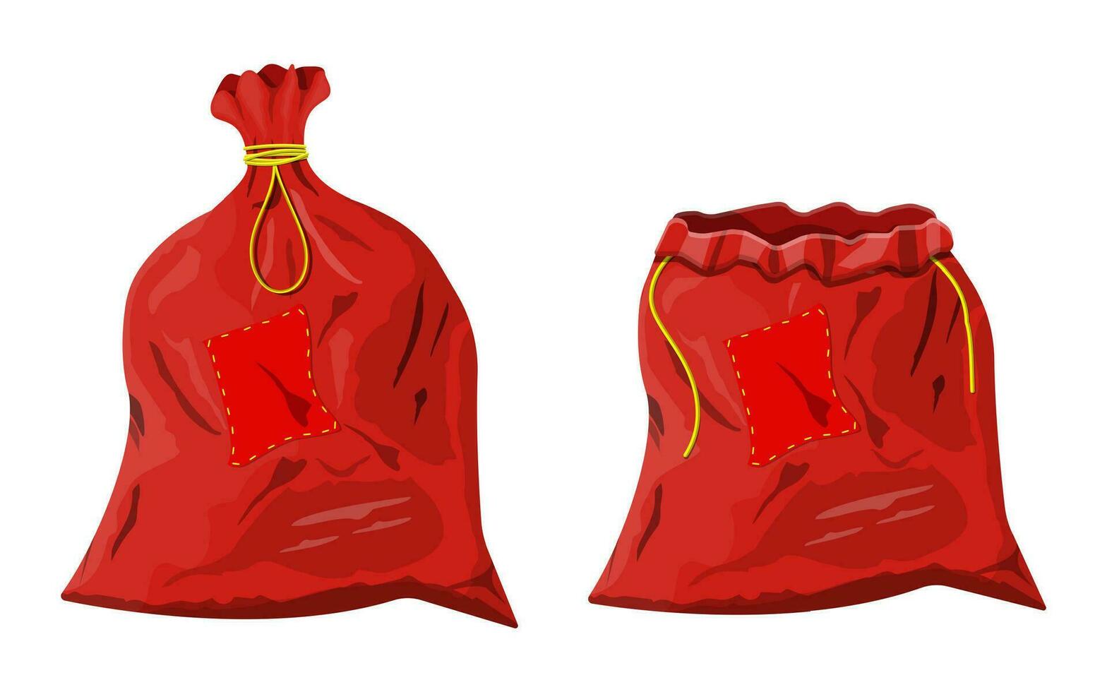 Red cloth closed and open bag. Canvas christmas sack for gifts. Happy new year decoration. Merry christmas holiday. New year and xmas celebration. Vector illustration in flat style