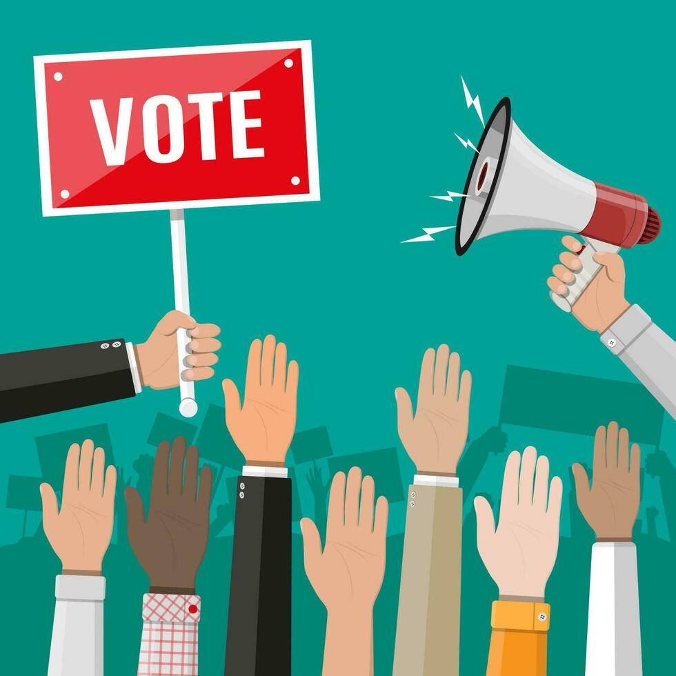 Raised up hands. People vote hands. Voting concept. Volunteering and election concept. Hand with megaphone and placard. Political event or meeting. Vector illustration in flat style