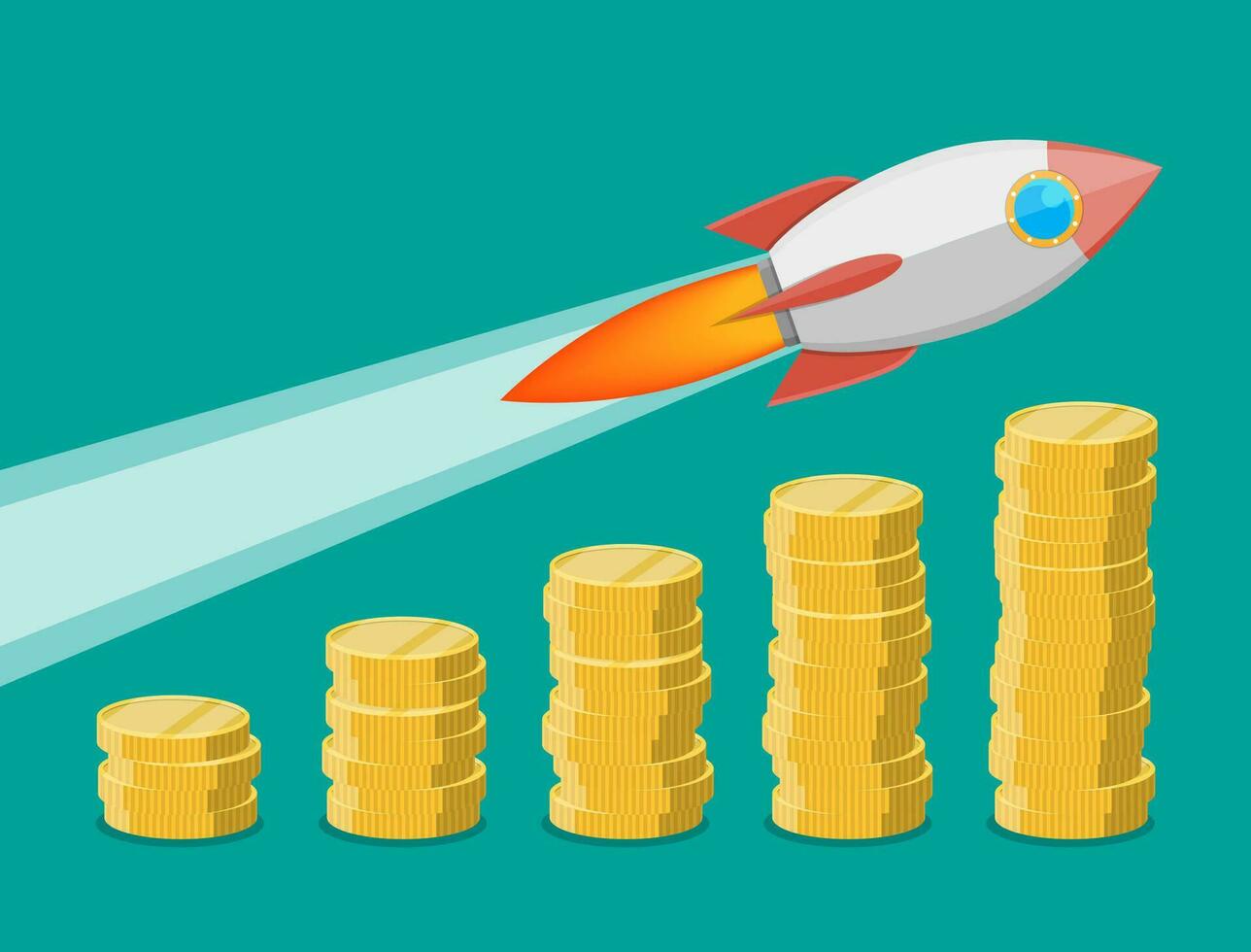 Rocket flying up on coins growth chart. Graph that shows increase in sales. Business success. Vector illustration in flat style