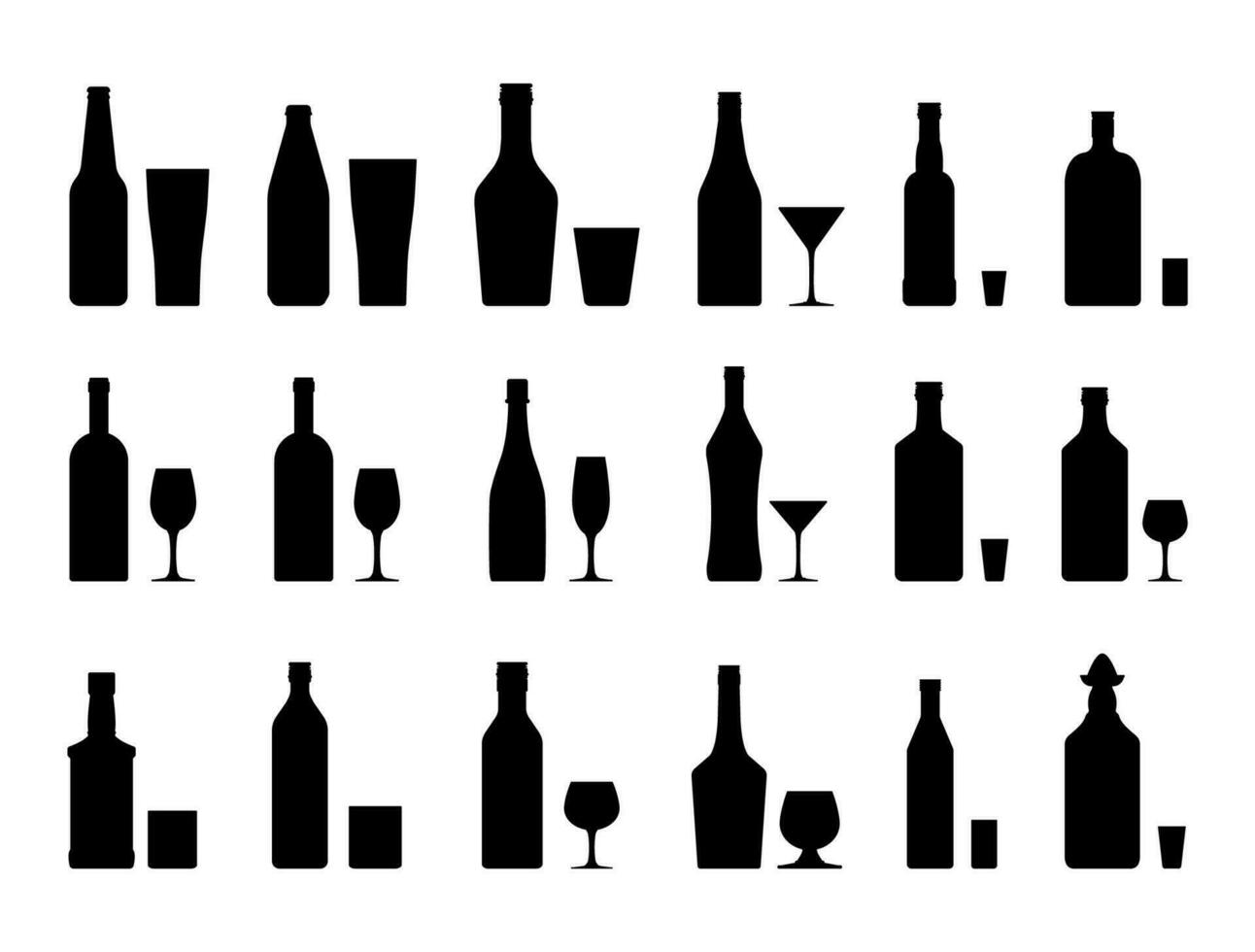 alcohol bebidas conjunto silueta. botellas con lentes. vodka champán vino whisky cerveza brandy tequila coñac espíritu Vermut Ginebra Ron Ajenjo Sambuca sidra Borbón. vector ilustración plano estilo