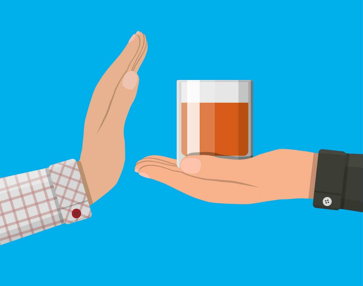 Alcohol abuse concept. Hand gives glass of whiskey to other hand. Stop alcoholism. Rejection. Vector illustration in flat style