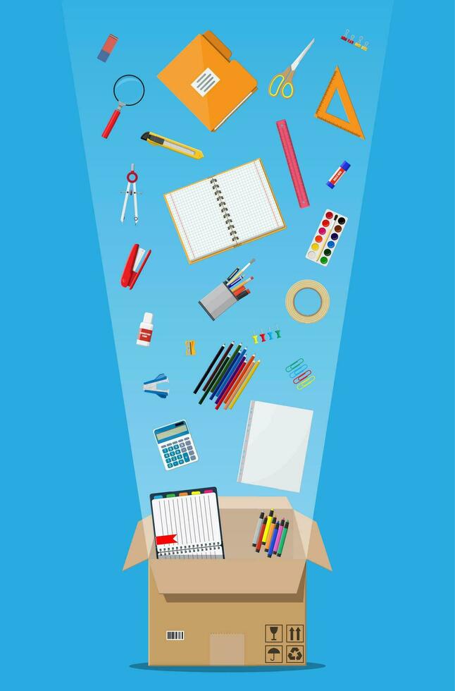 Office accessories in cardboard box. Book, notebook, ruler, knife, folder, pencil, pen, calculator scissors paint tape file. Office supply stationery and education. Vector illustration flat style