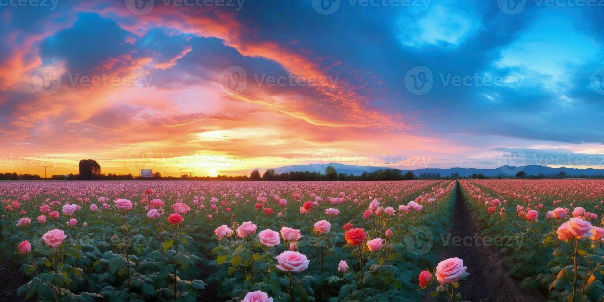 AI generated Rose field in the sunrise morning with beautiful sky photo