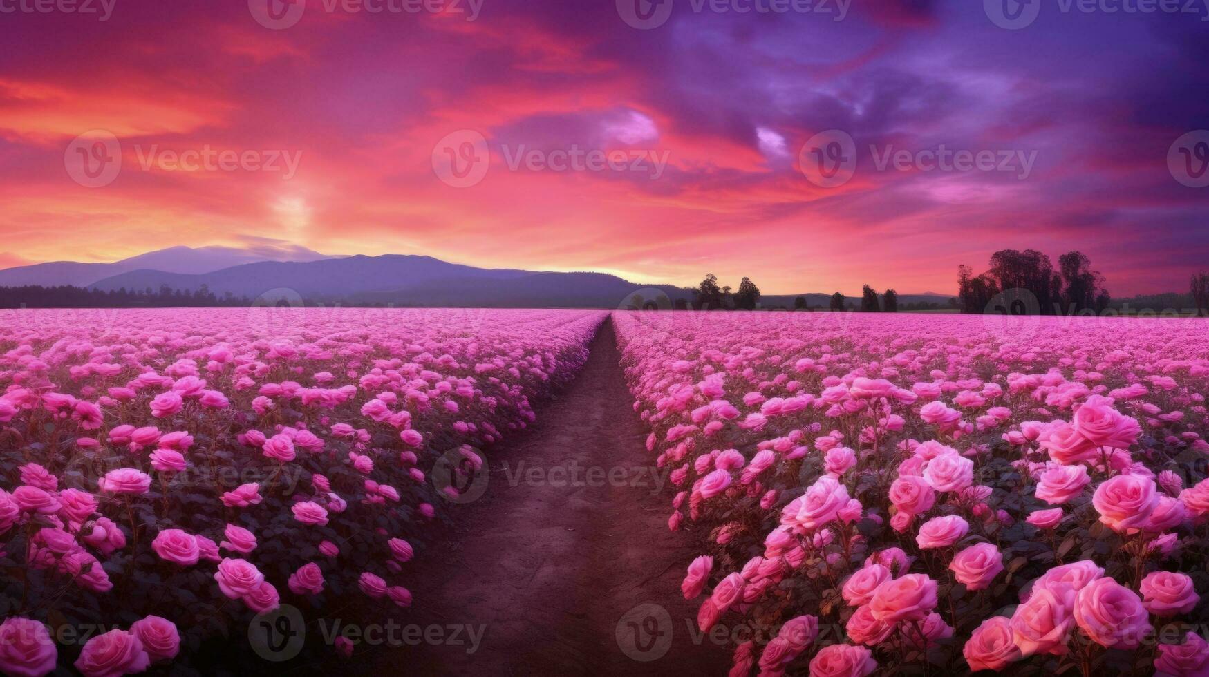 AI generated Rose field in the sunrise morning with beautiful sky photo