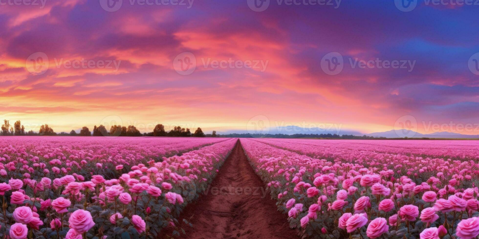 AI generated Rose field in the sunrise morning with beautiful sky photo