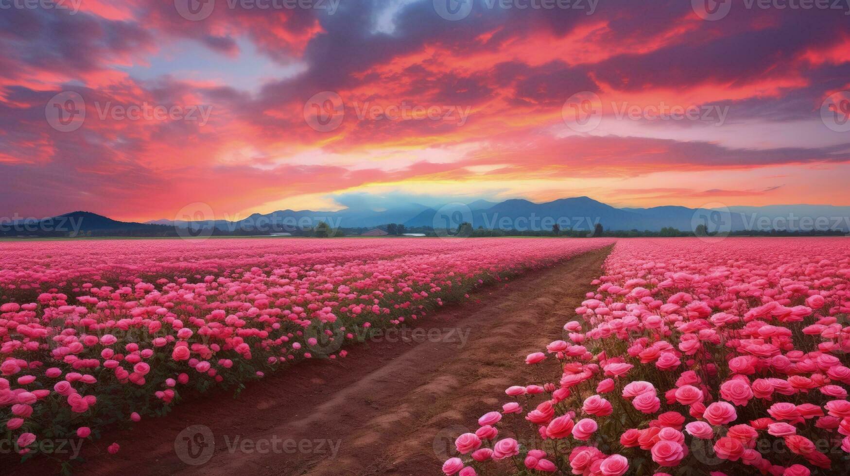 AI generated Rose field in the sunrise morning with beautiful sky photo