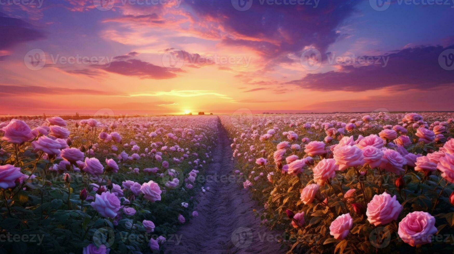 AI generated Rose field in the sunrise morning with beautiful sky photo