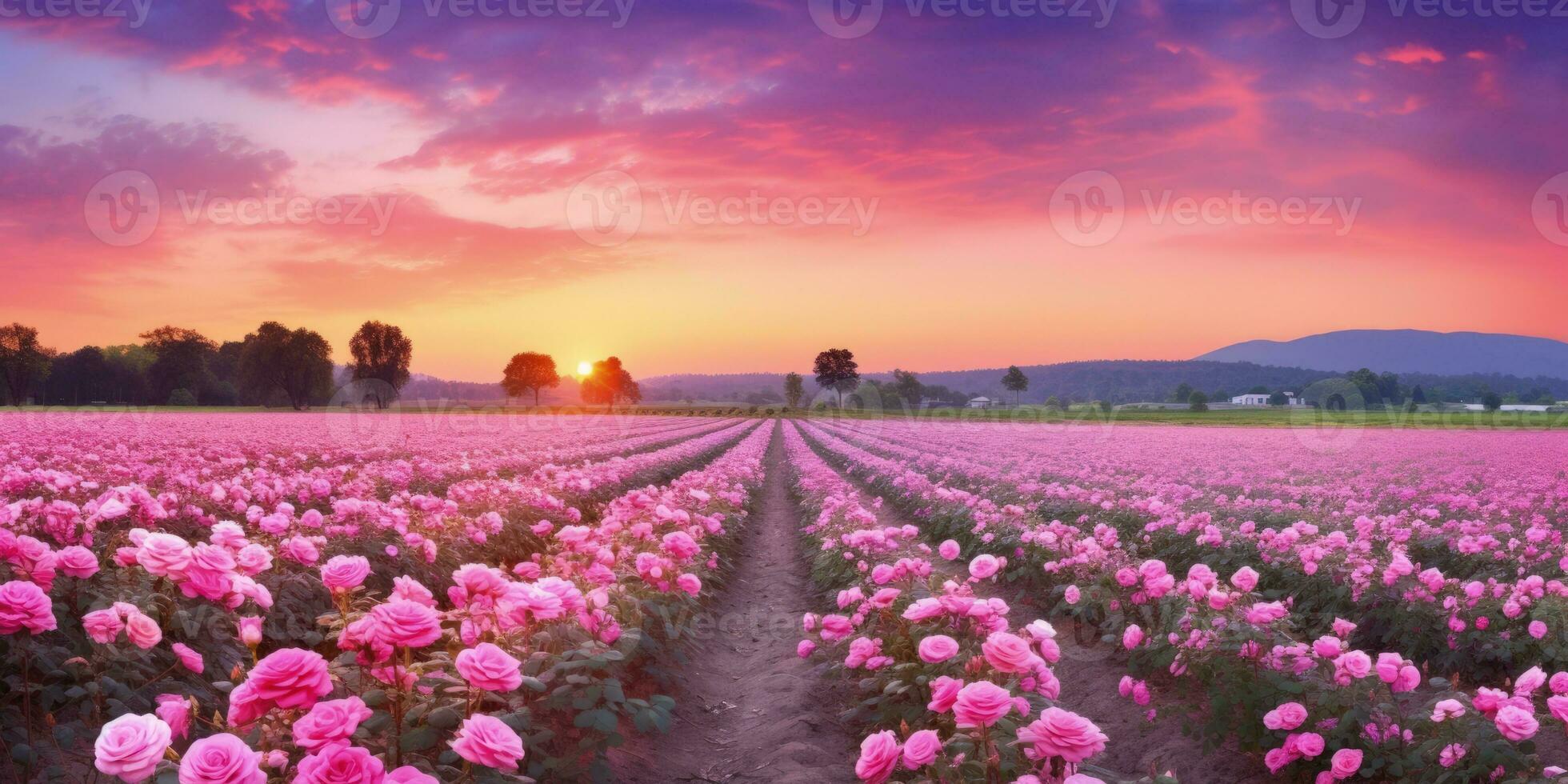 AI generated Rose field in the sunrise morning with beautiful sky photo