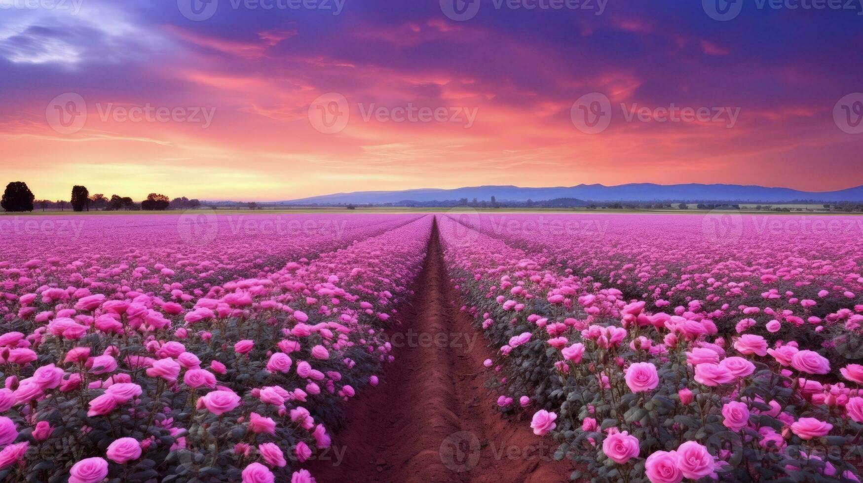 AI generated Rose field in the sunrise morning with beautiful sky photo