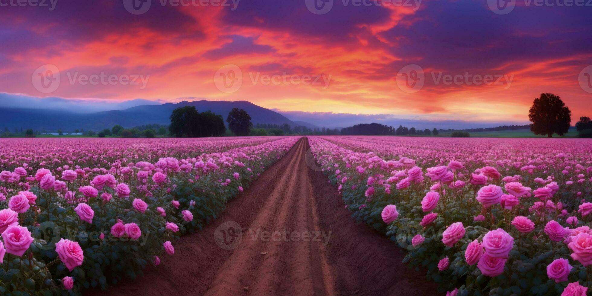 AI generated Rose field in the sunrise morning with beautiful sky photo