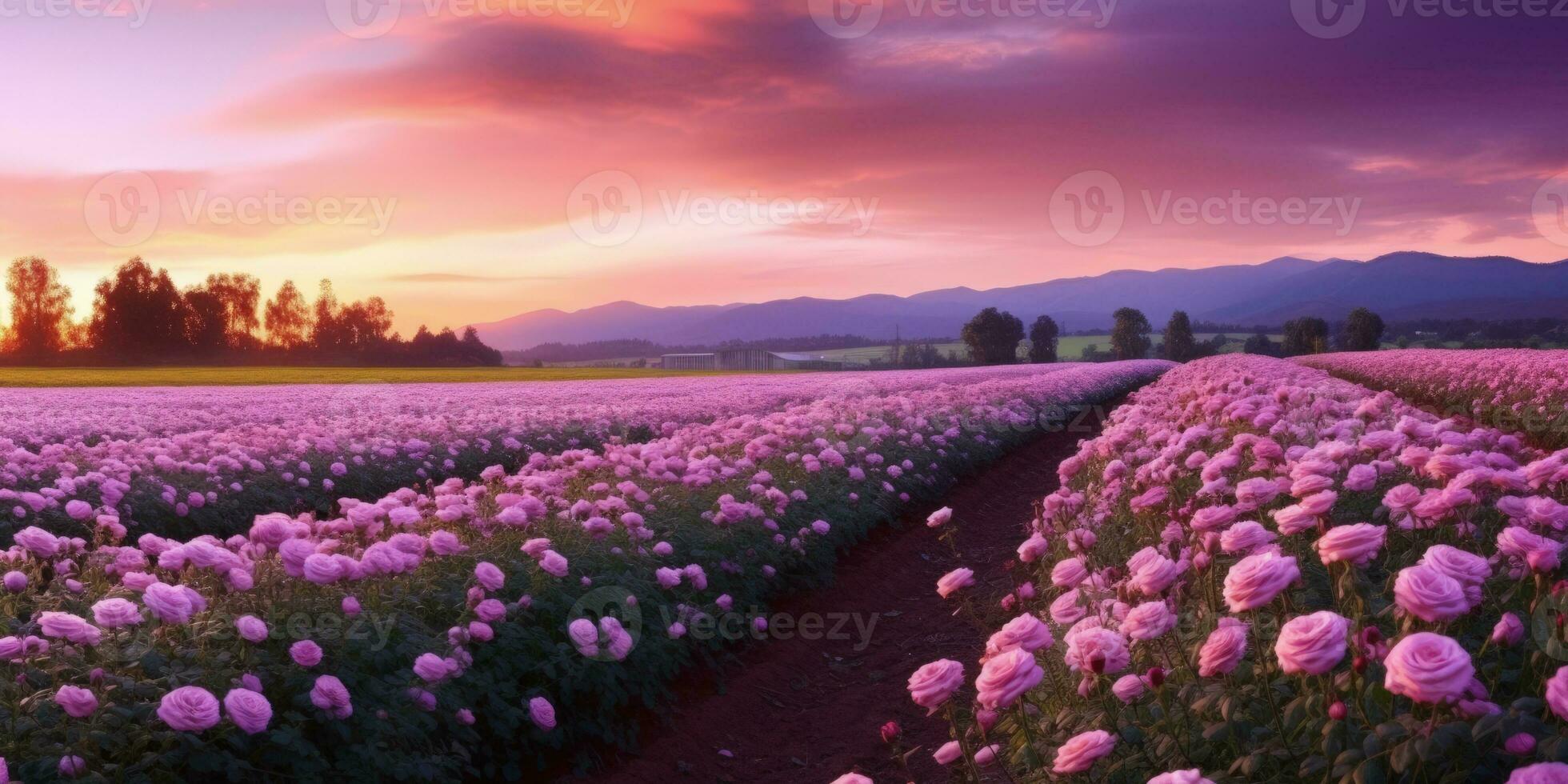 AI generated Rose field in the sunrise morning with beautiful sky photo