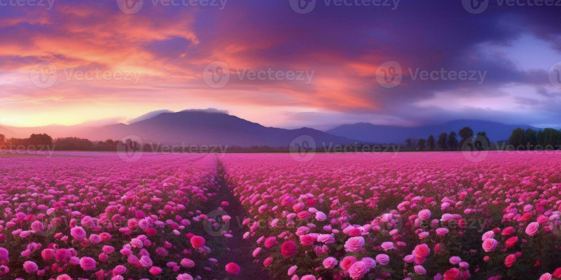 AI generated Rose field in the sunrise morning with beautiful sky photo