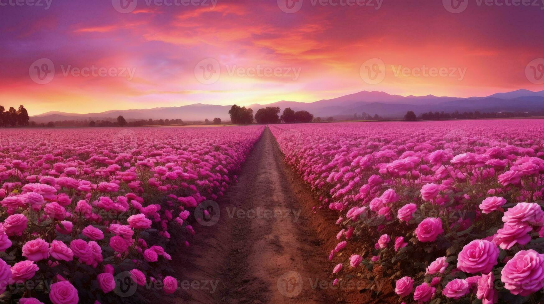 AI generated Rose field in the sunrise morning with beautiful sky photo