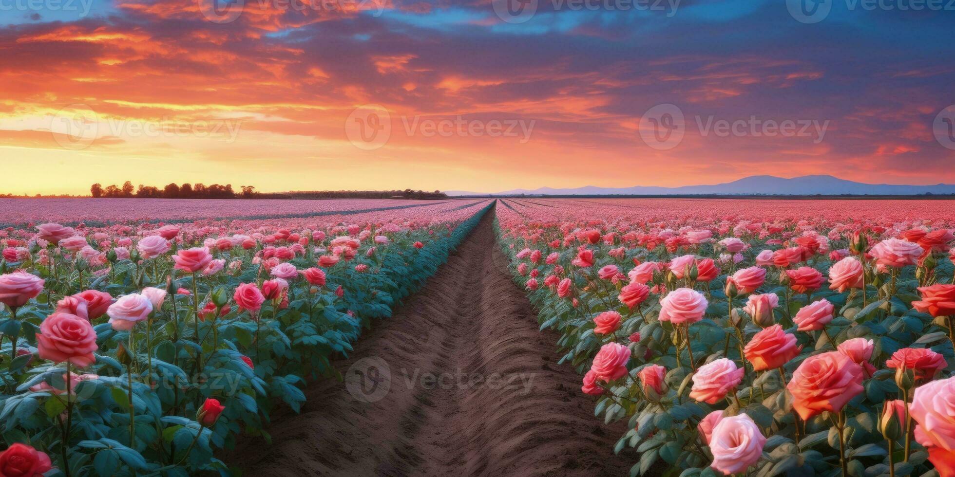 AI generated Rose field in the sunrise morning with beautiful sky photo