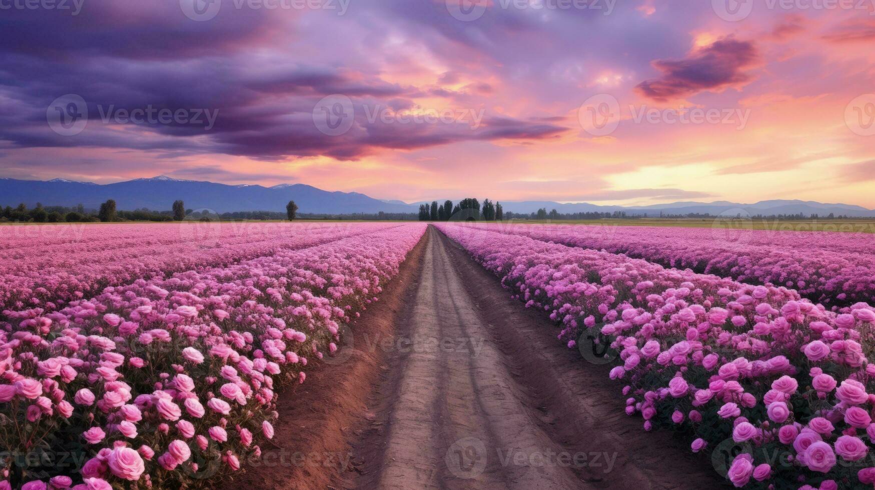 AI generated Rose field in the sunrise morning with beautiful sky photo