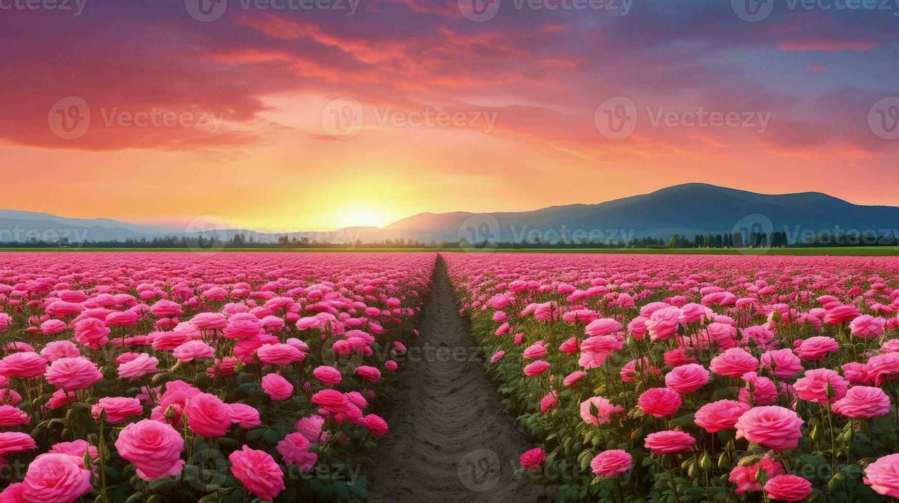 AI generated Rose field in the sunrise morning with beautiful sky photo
