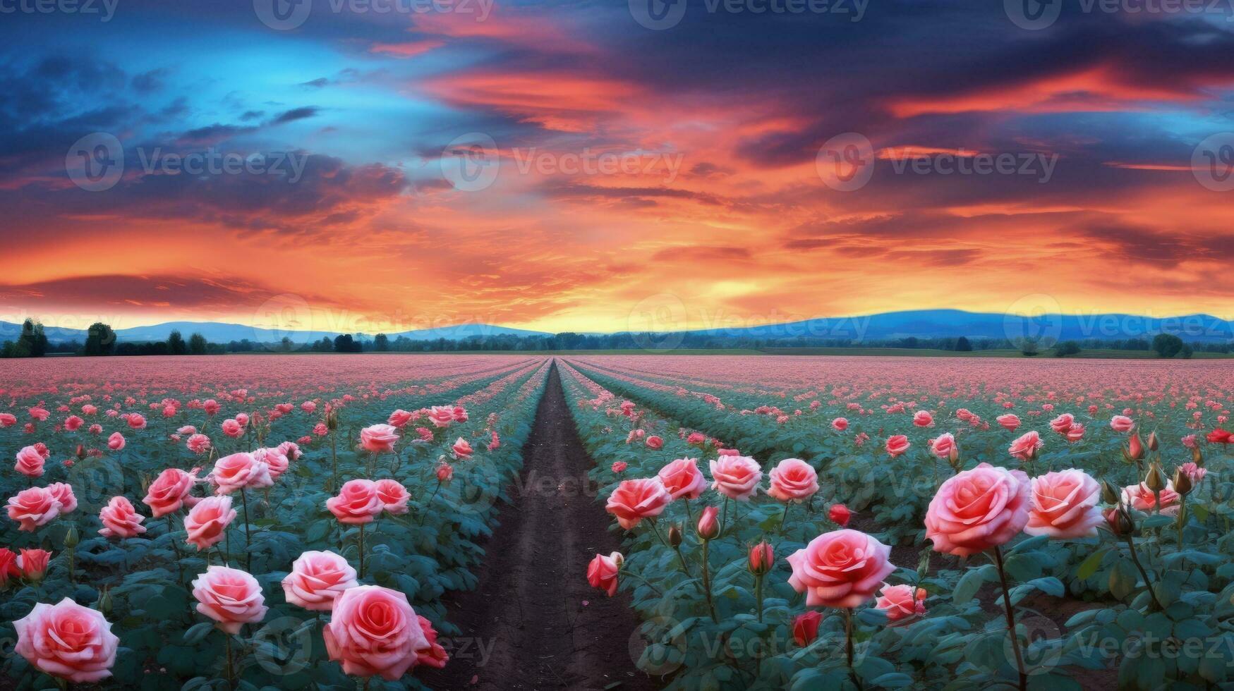 AI generated Rose field in the sunrise morning with beautiful sky photo