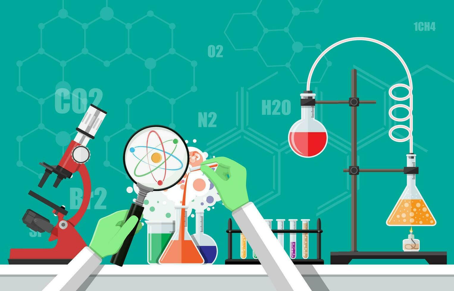 Science experiment in laboratory. Laboratory equipment, jars, beakers, flasks, microscope, spirit lamp. Biology science education medical vector illustration in flat style