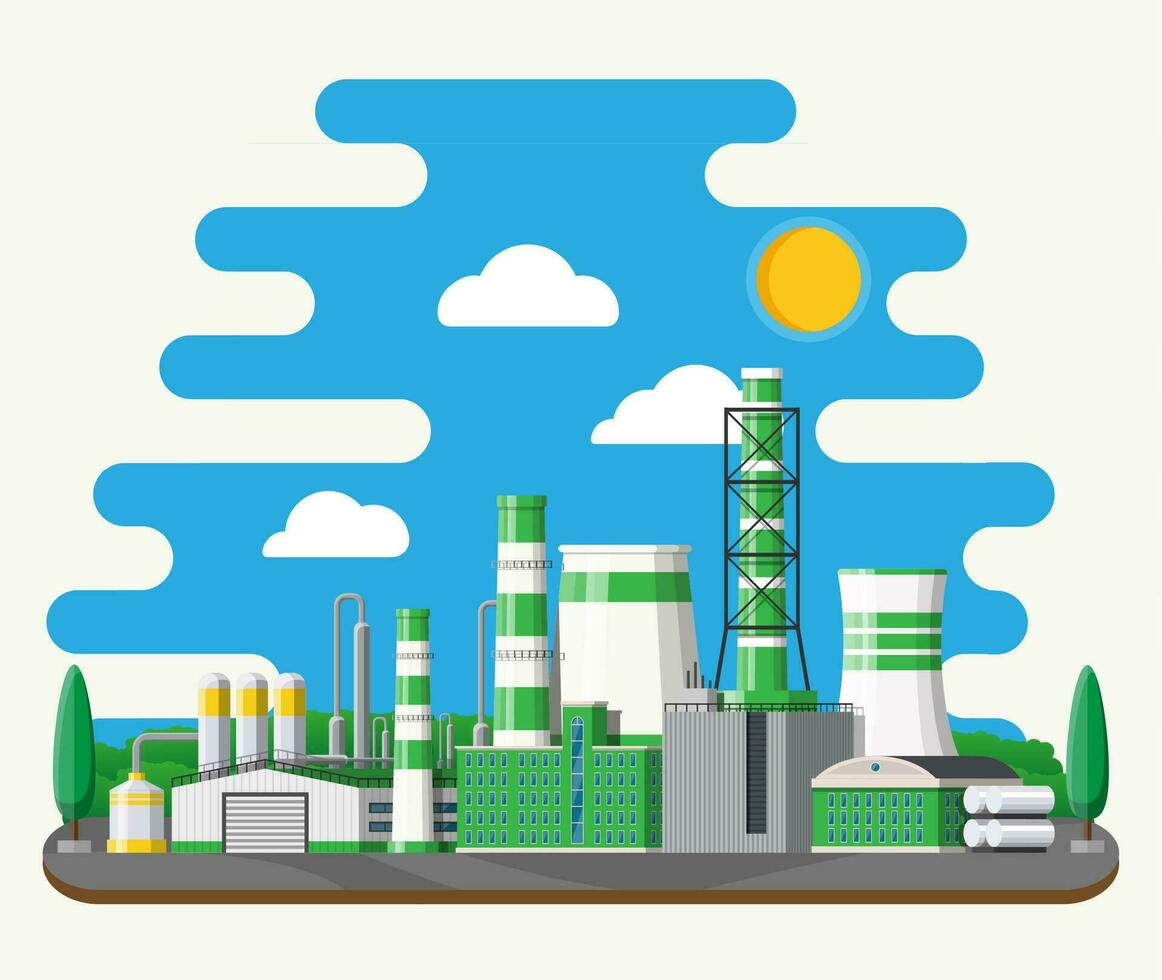 Factory building. Industrial factory, power plant. Pipes, buildings, warehouse, storage tank. Green eco plant. Trees, clouds and sun. Vector illustration in flat style