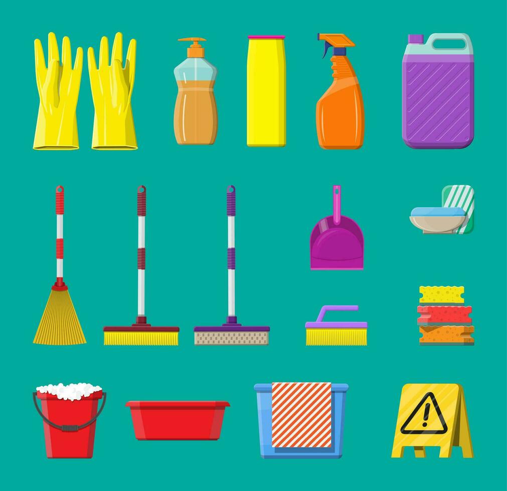 Bottle of detergent, sponge, soap and rubber gloves. Bucket, MOP, broom, dustpan. Accessories for washing dishes and house cleaning. Dishwashing. Vector illustration in flat style