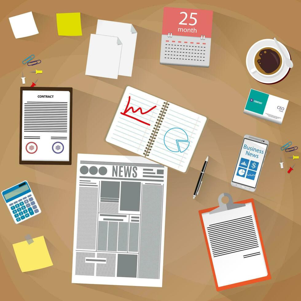 Office, workspace top view. newspaper, documents paper, pen, sticky notes, visit cards, smartphone, coffee cup calculator calendar. vector illustration in flat design