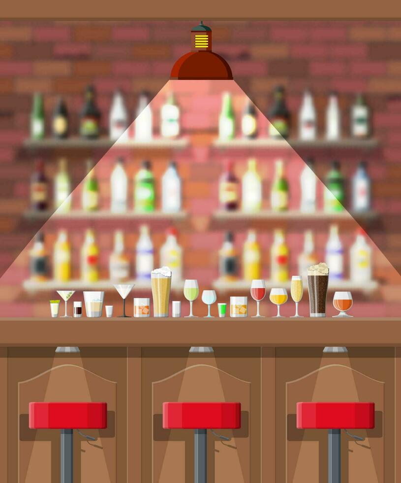 Drinking establishment. Interior of pub, cafe or bar. Bar counter, chairs and shelves with alcohol bottles. Glasses, lamp. Wooden and brick decor. Blurred backgroun. Vector illustration in flat style