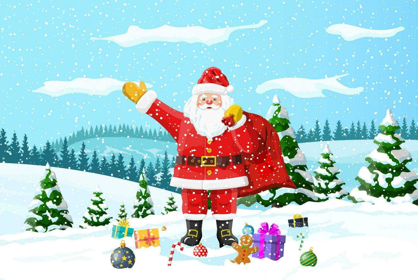 Christmas background. Santa claus with bag with gifts. Winter landscape with fir trees forest and snowing. Happy new year celebration. New year xmas holiday. Vector illustration flat style