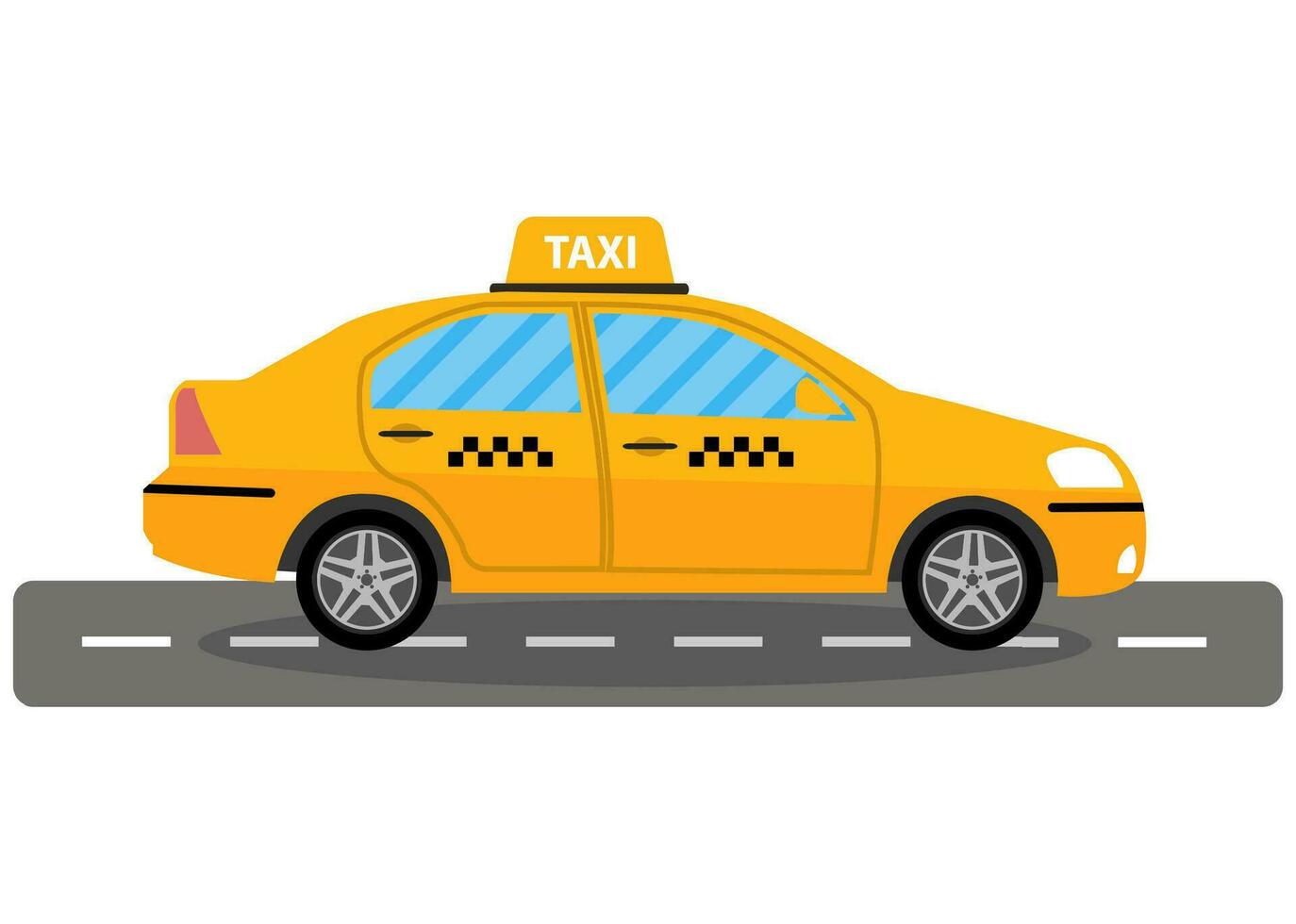 Yellow taxi car on road, taxi icon, call taxi concept, vector illustration in simple flat design isolated on white background