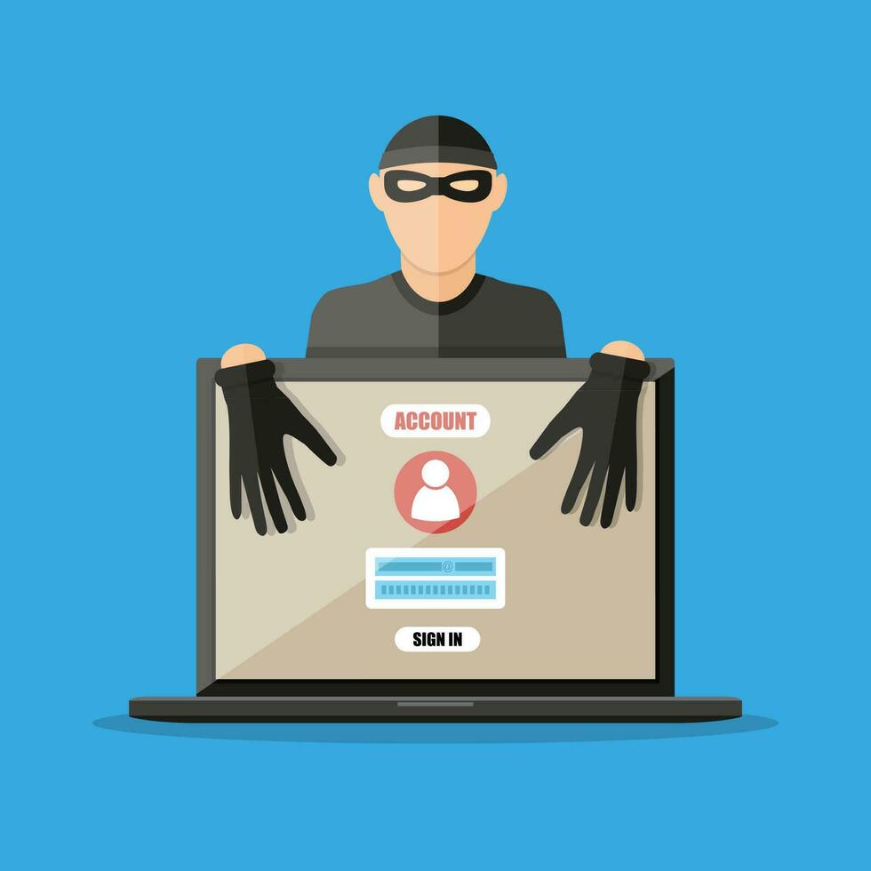 ladrón hacker en máscara robando contraseñas desde ordenador portátil. anti suplantación de identidad y Internet virus concepto. vector ilustración en plano estilo en azul antecedentes