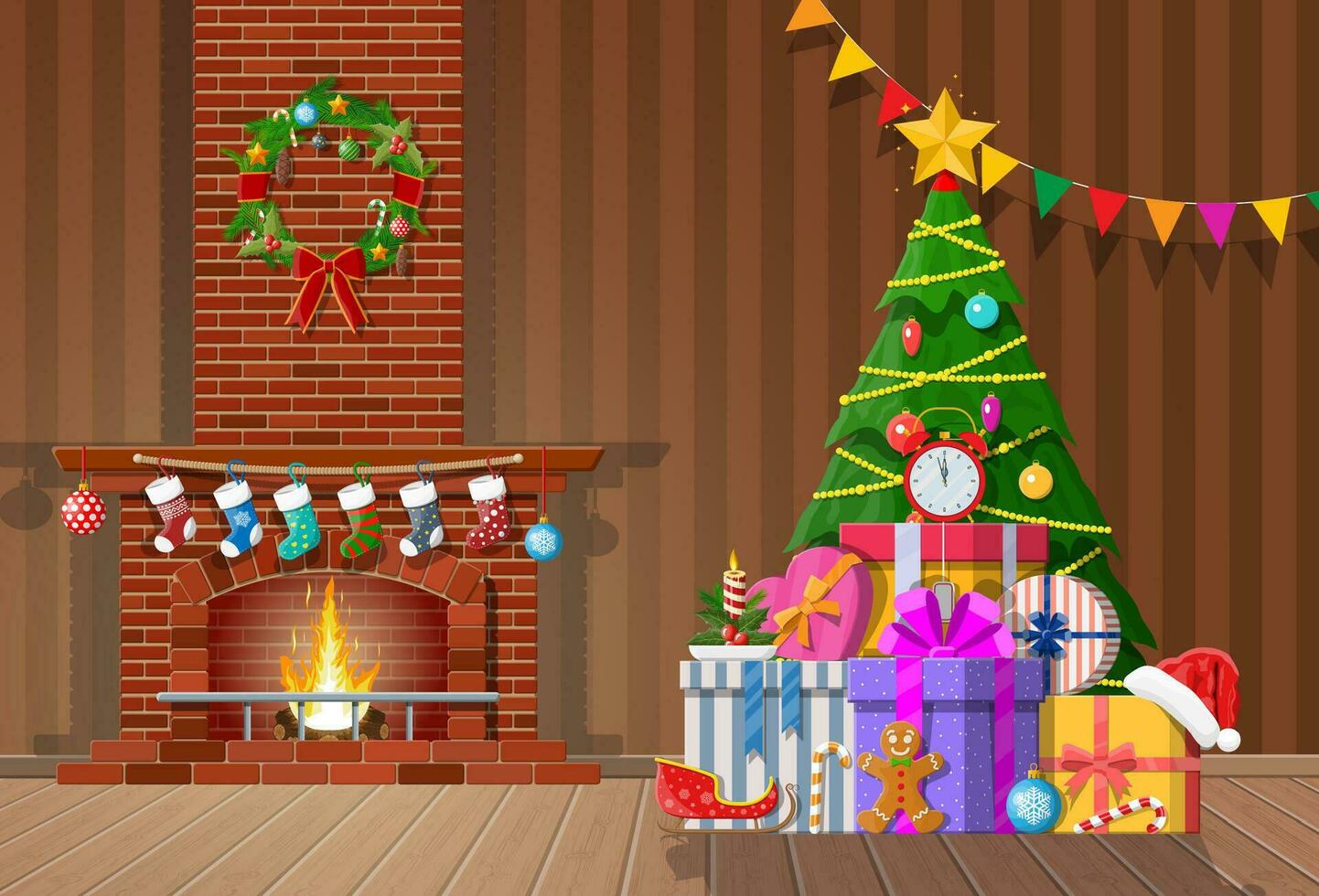 Christmas interior of room with tree, gifts and decorated fireplace. Happy new year decoration. Merry christmas holiday. New year and xmas celebration. Vector illustration flat style