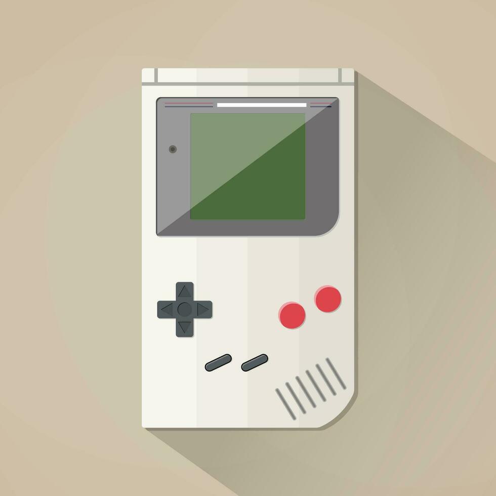 antiguo retro juego mano consola artilugio. vector ilustración en plano diseño en marrón antecedentes con largo sombra