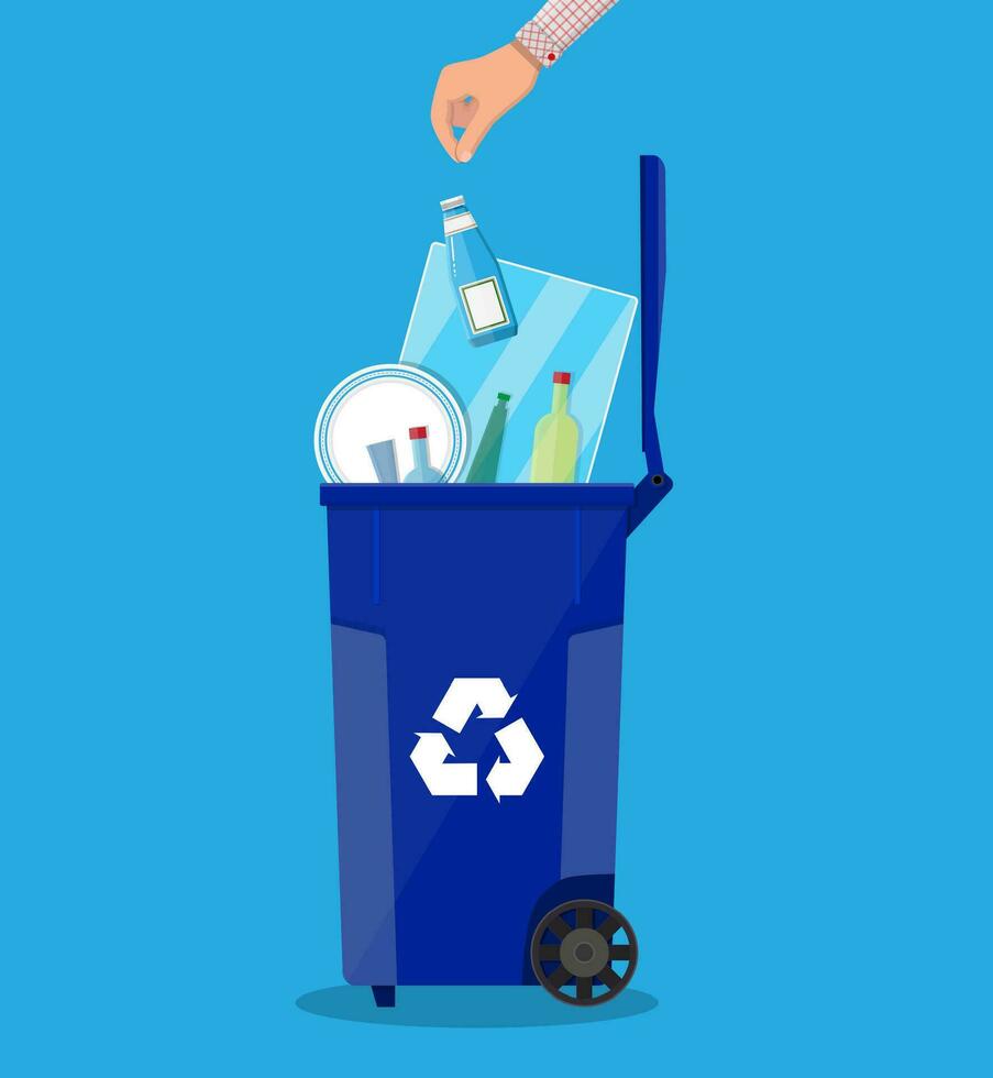 Trash recycle bin container for garbage full of glass things. Bin for glass. Vector illustration in flat design