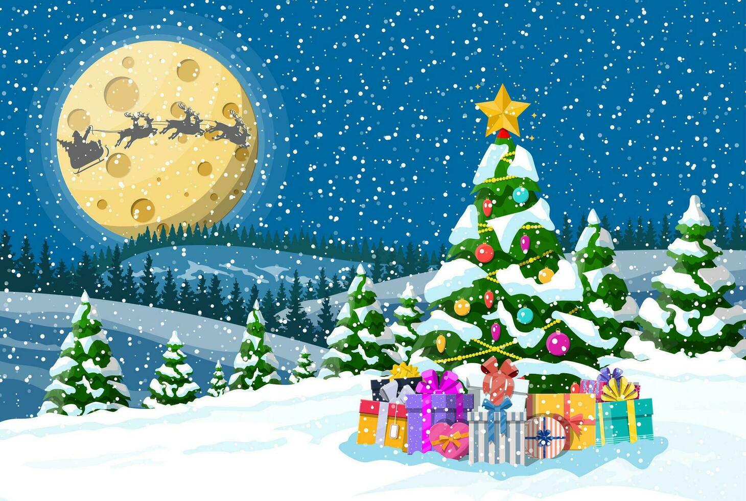 Navidad antecedentes. árbol regalo cajas, Papa Noel claus paseos reno trineo. noche invierno paisaje abeto arboles bosque Luna llena nevando nuevo año celebracion Navidad día festivo. vector ilustración plano estilo