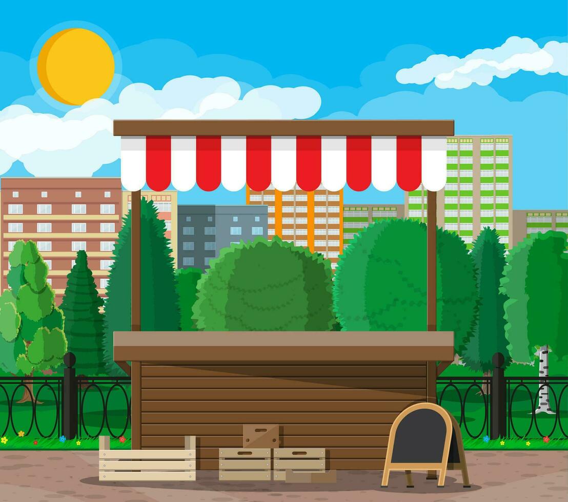 Traditional market empty wooden food stall with crates chalk board. City park, cityscape and trees. Sky with clouds and sun. Leisure time in summer city park. Vector illustration flat style