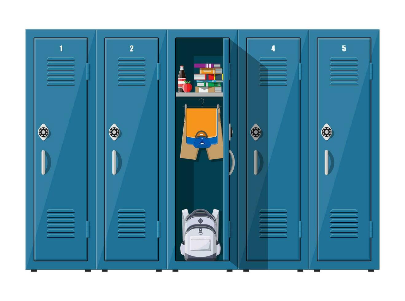 Blue metal cabinets. Lockers in school with silver handles and locks. Safe box with doors, cupboard, compartment. Books, food, clothes and backpack inside. Vector illustration in flat style