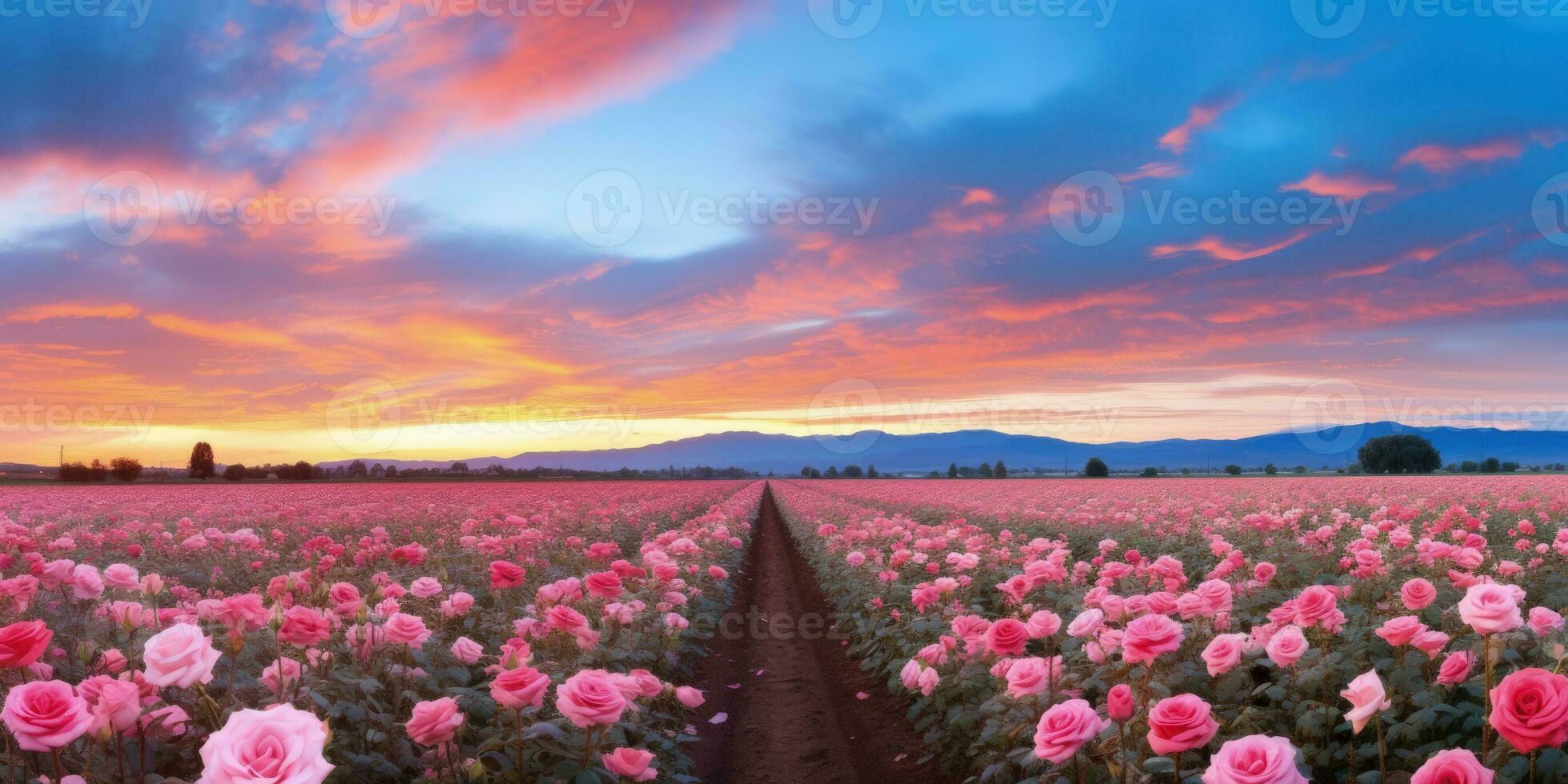 ai generado Rosa campo en el amanecer Mañana con hermosa cielo foto