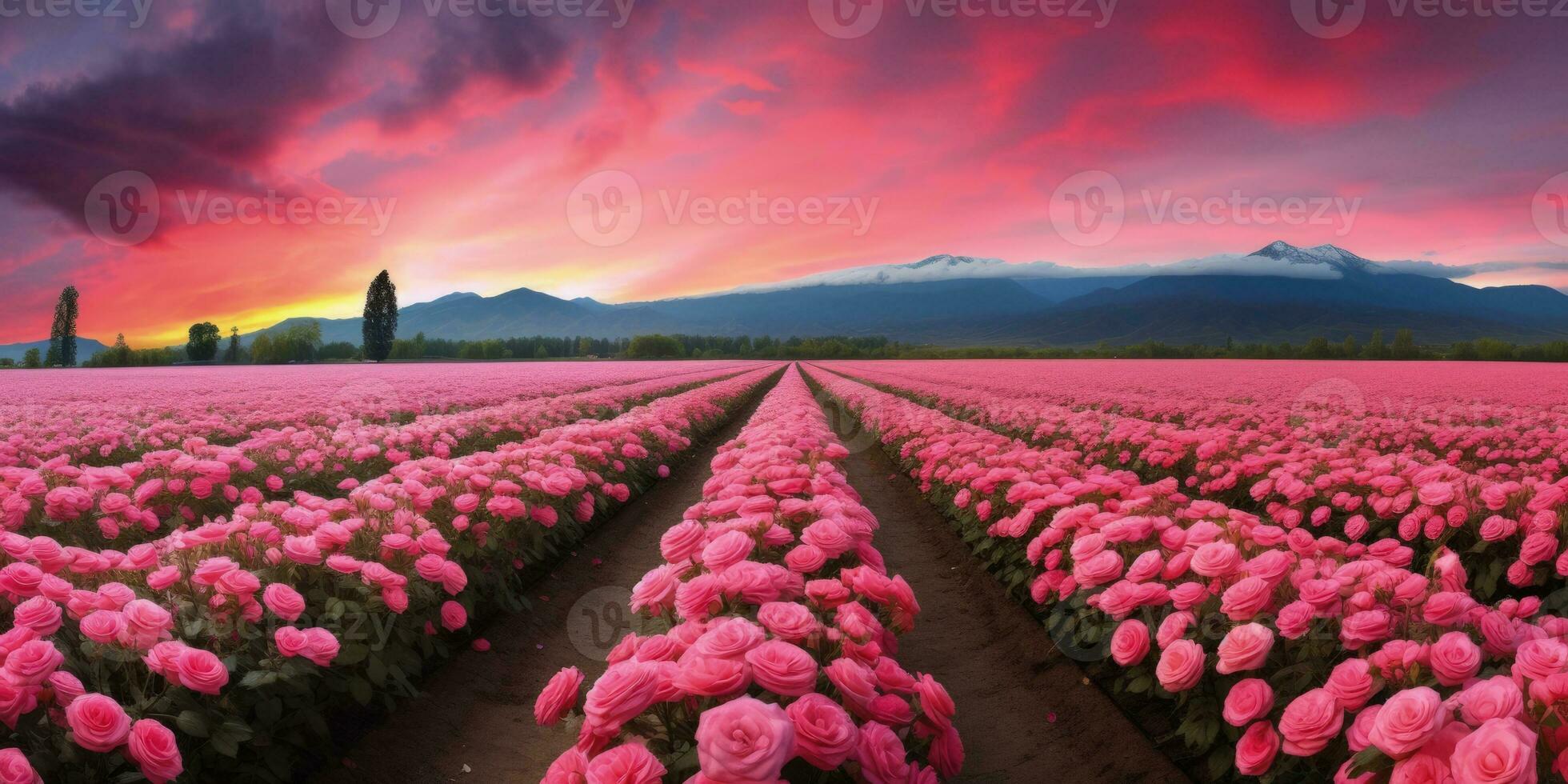 AI generated Rose field in the sunrise morning with beautiful sky photo