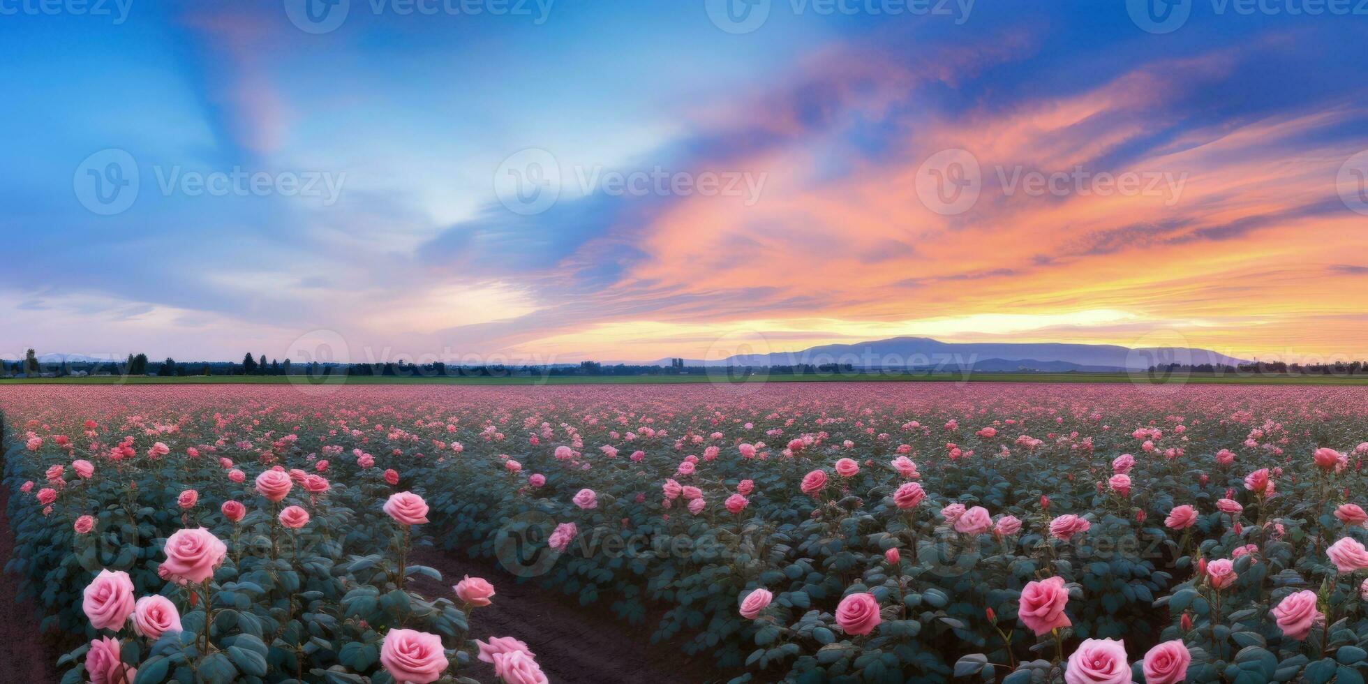 AI generated Rose field in the sunrise morning with beautiful sky photo